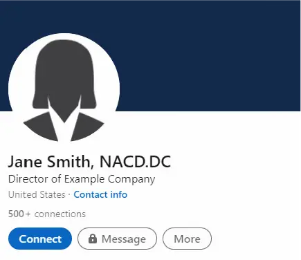 Illustration of a sample linkedin profile with the NACD.DC designation