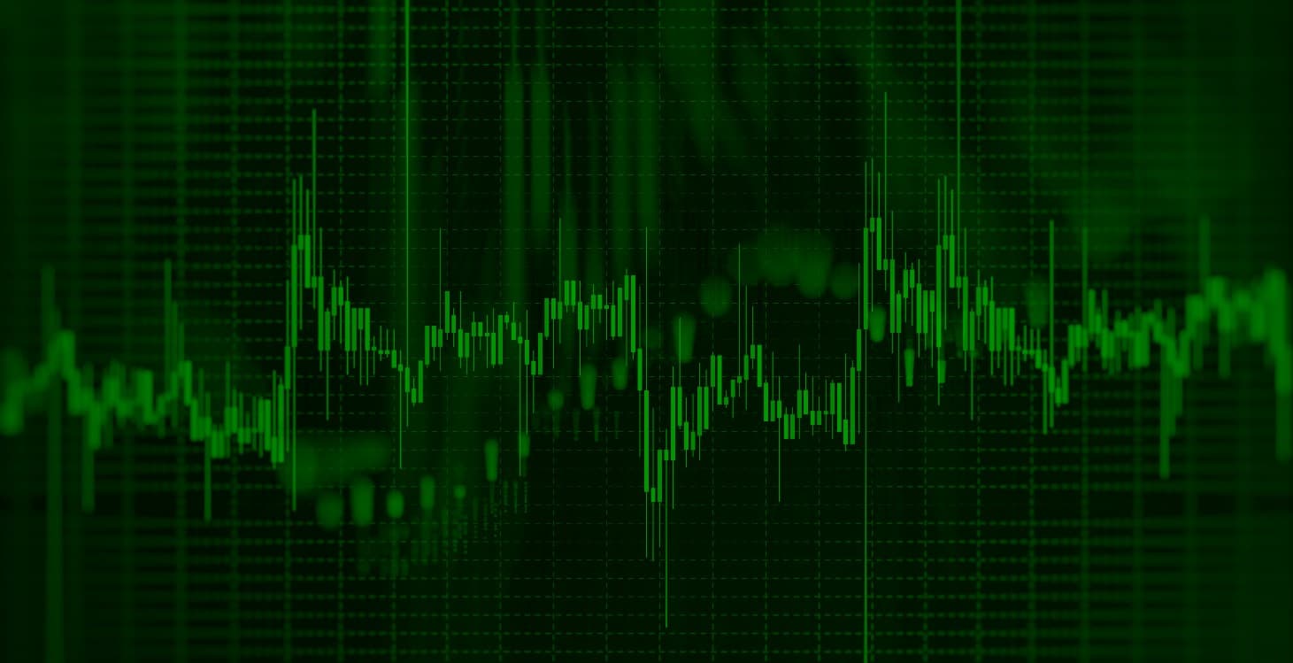 Dynamic financial background with green candlestick stock market chart, digital data, and binary code 
