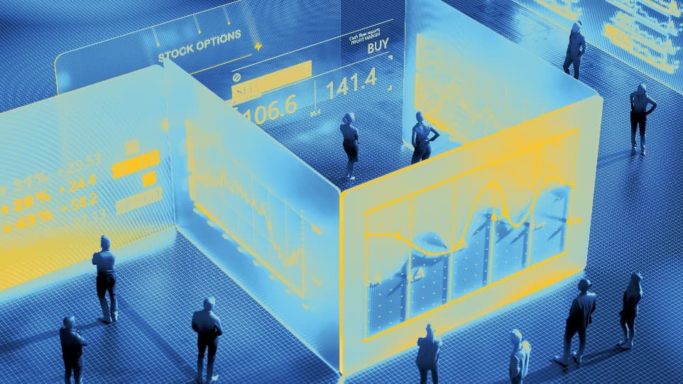 Office workers in cyberspace of digital screens displaying data graphs