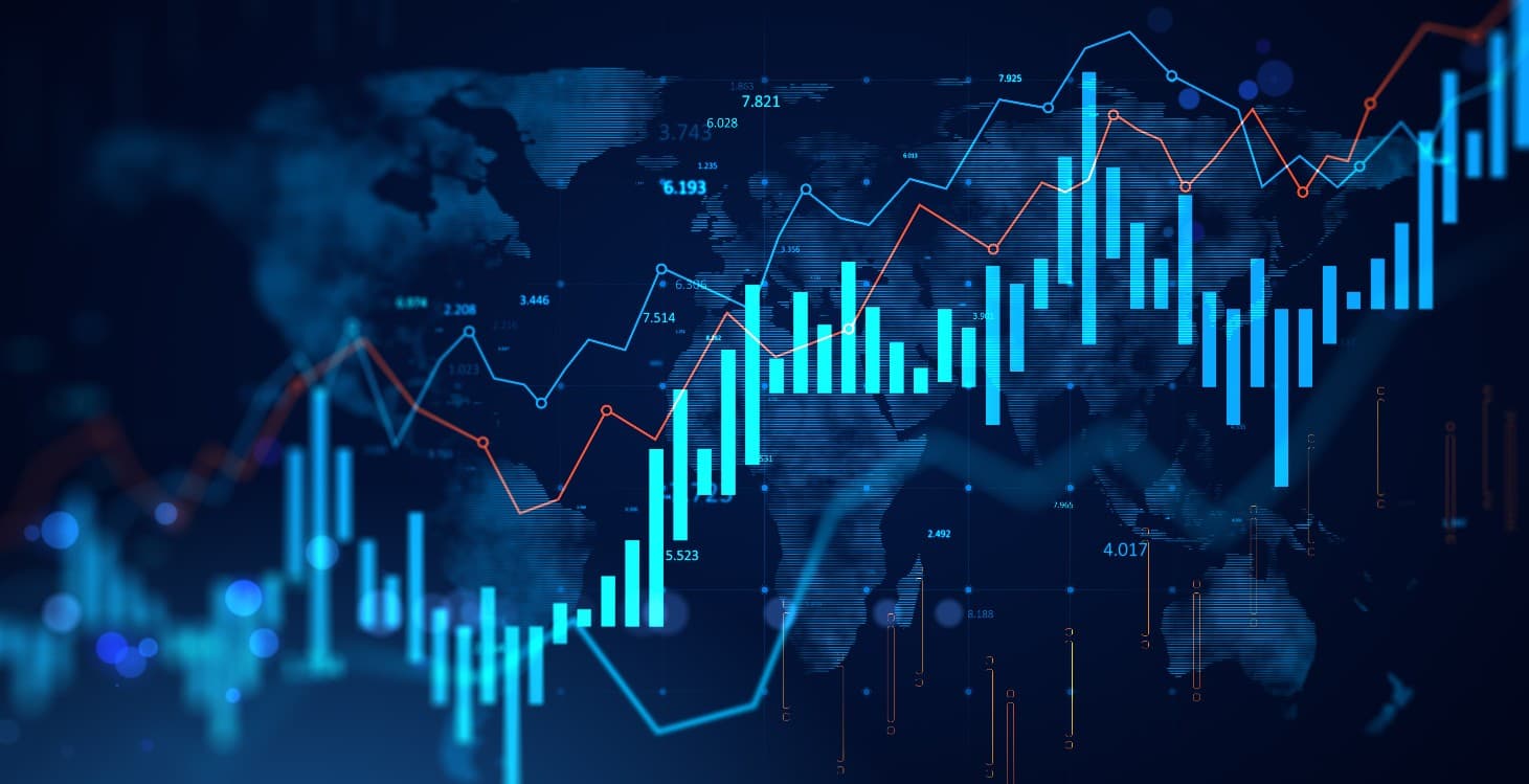 Abstract digital chart with glowing bar graphs and lines