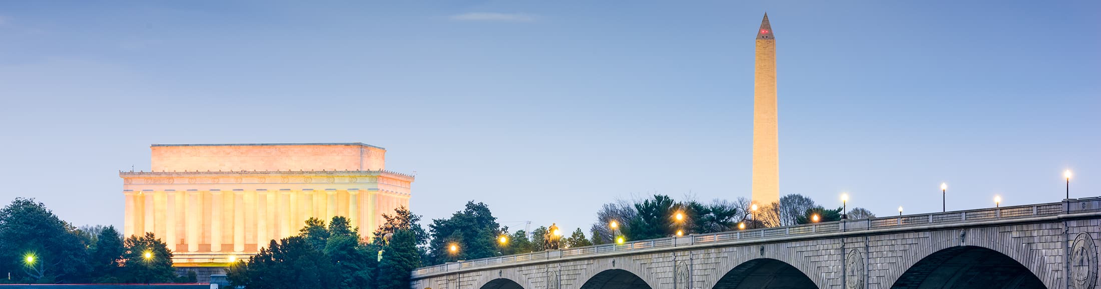 hero banner with a picture of the Washington Monument and the Lincoln Memorial in Washington, DC